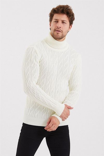 Tarz Cool Мъжки плетен пуловер с шарки в екрю цвят - trz8147r02s