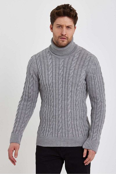 Tarz Cool Men's Gray Knitted Turtleneck Knitwear Sweater-trz8190r02l