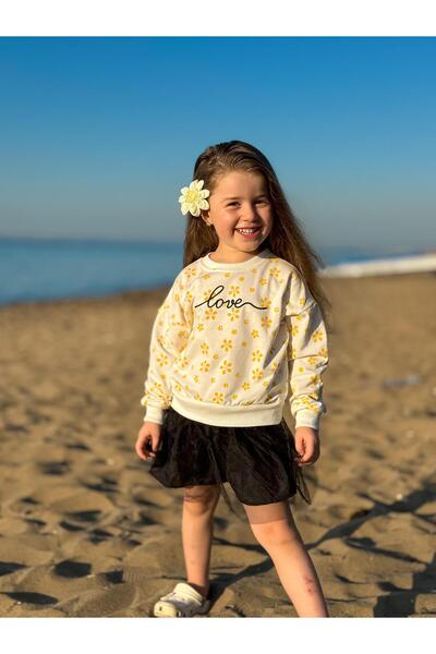 GÖKJOY BUTİK Premium Quality - Girl's Sweat Dress with Floral Print and Love Embroidery