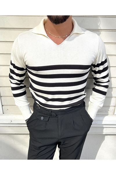 Tarz Cool White Men's Striped Polo Neck Knitwear Sweater