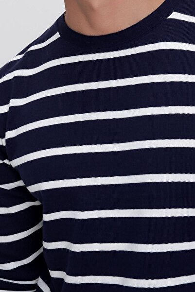 Tarz Cool Чоловічий синій светр з коміром-стійкою та смужками, повсякденний трикотажний светр