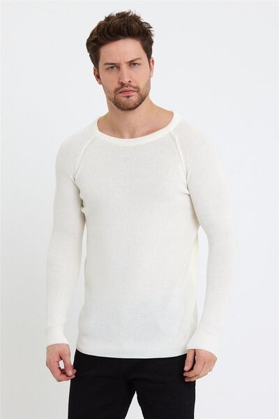 Tarz Cool Men's White Wide Collar Knitwear Sweater-trz3459r04s