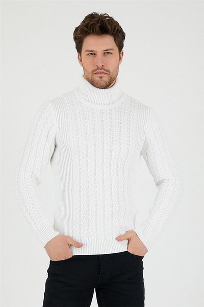 Tarz Cool White Men's Knitted Patterned Turtleneck Knitwear Sweater-trz8146r12s