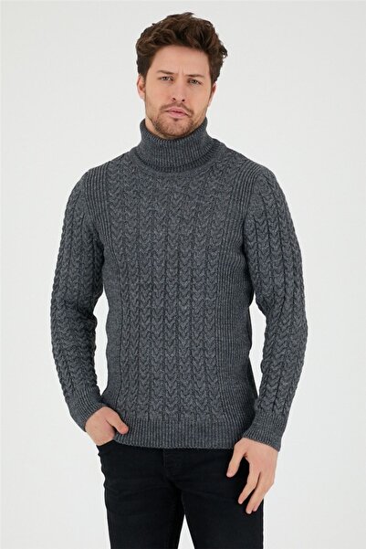 Tarz Cool Чорний чоловічий светр з візерунком у вигляді рибальського коміра - trz8146r13s
