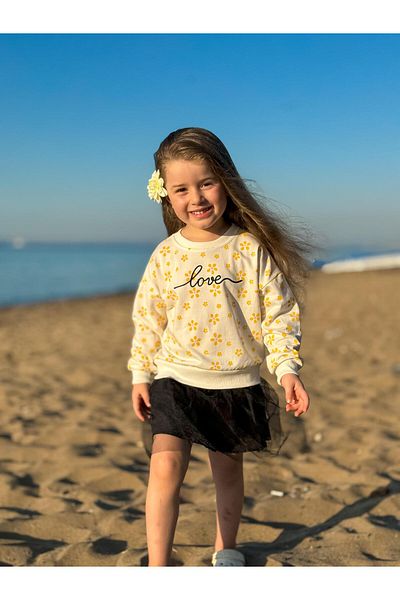 GÖKJOY BUTİK Premium Quality - Girl's Sweat Dress with Floral Print and Love Embroidery