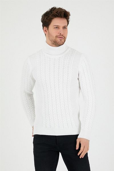 Tarz Cool White Men's Knitted Patterned Turtleneck Knitwear Sweater-trz8146r12s