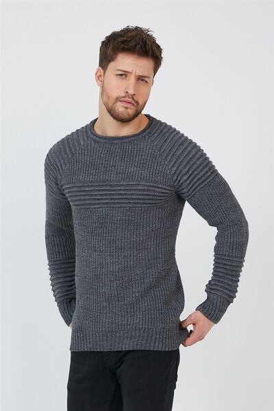 Tarz Cool Anthracite Men's Ribbed Crew Neck Knitwear Sweater-trzcm28888r50s