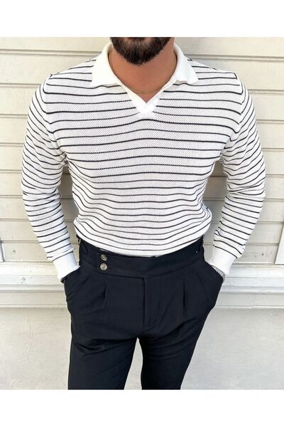 Tarz Cool Striped Polo Neck Knitwear Sweater White