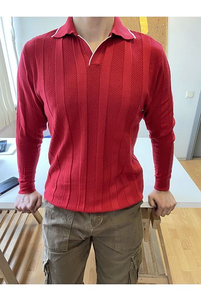 Tarz Cool Red Men's Thick Striped Polo Collar Knitwear T-Shirt