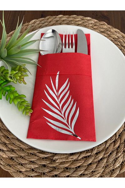 kidspartim 40x40 Red Silver Gilded Leaf PocKet NapKin - Set of 12