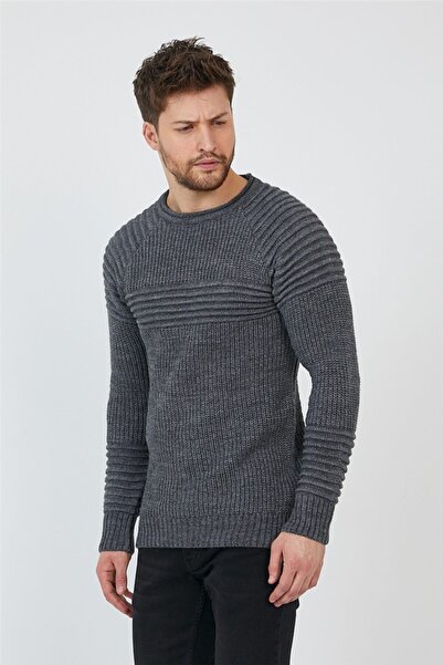 Tarz Cool Anthracite Men's Ribbed Crew Neck Knitwear Sweater-trzcm28888r50s