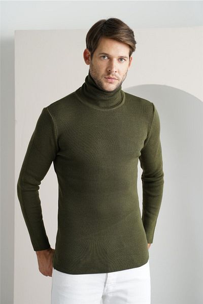 Tarz Cool Men's Khaki Plain Turtleneck Knitwear Sweater-trz1406r05s