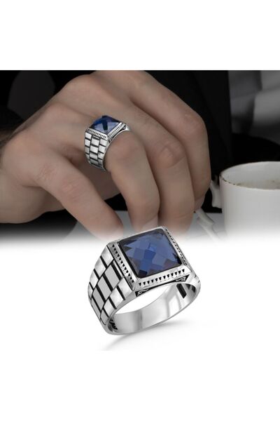 Argento Silver Mavi Zirkon Taşlı 925 Ayar Gümüş Erkek Yüzük