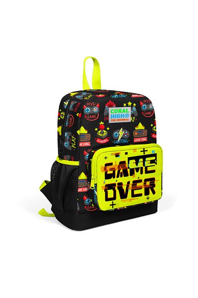 Coral Black Neon Yellow - Game Over Patterned Children'S School Backpack 23628