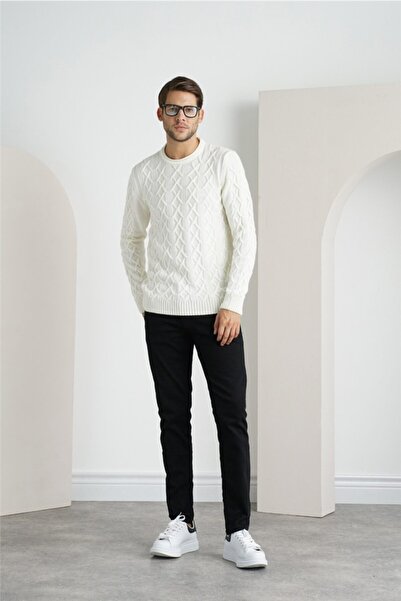 Tarz Cool Pulover alb pentru bărbați, tricot cu coș, tricot cu decolteu, trz1554r01s