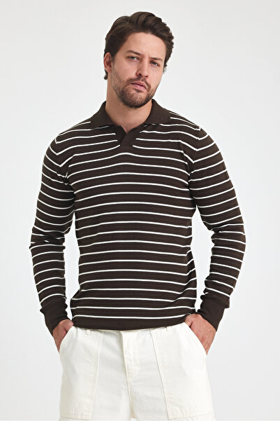 Tarz Cool Polo Neck Men's Knitwear Sweater - Stripe Detailed