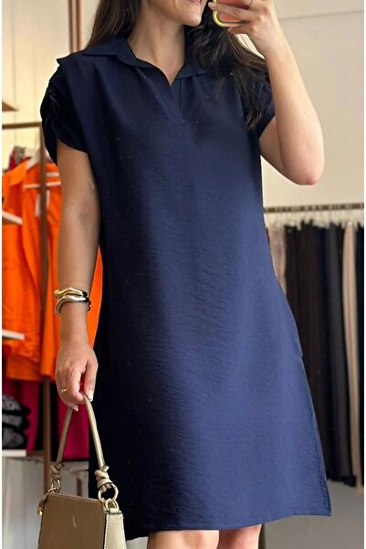 Merve Kılas Butik Omuzları Drapeli Gömlek Yaka Elbise