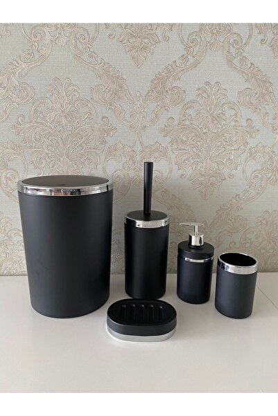 Trend Banyo Mutfak طقم حمام مكون من 5 قطع باللون الأسود والفضي غير اللامع - حامل فرشاة المرحاض، السائل - موزع الصابون الصلب، سلة المهملات، حامل فرشاة الأسنان