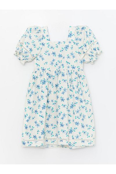 LC Waikiki Rochie de damă cu guler pătrat cu imprimeu floral albastru - mânecă scurtă