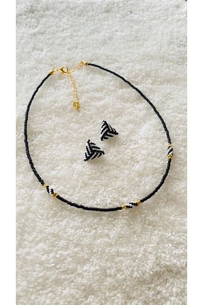 elamindunyasi Black Afghan Bead and Miyuki Knitted Figure Necklace and Miyuki Knitted Earrings Set