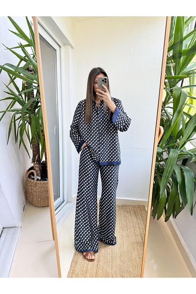 MERVE AKSOY Navy Blue Geometric Patterned Satin Set