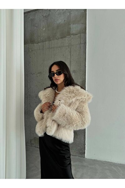 BBbutik Palton de damă din blană de pluș bej