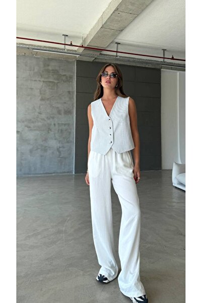 POİSE Longitudinal Striped Buttoned Loose Polyviscon Vest