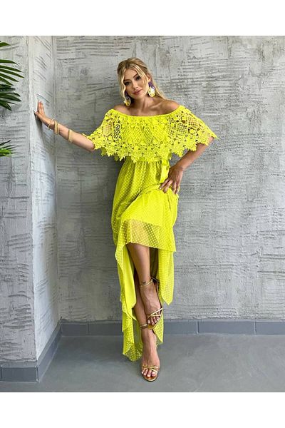 1Moda1Tarz Κίτρινο εισαγόμενο γυναικείο φόρεμα με δαντέλα και λεπτομέρεια κορδέλας