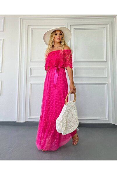 1Moda1Tarz Kadın Pembe İthal Güpür Kumaş Kurdele Detaylı Astarlı Tasarım Elbise