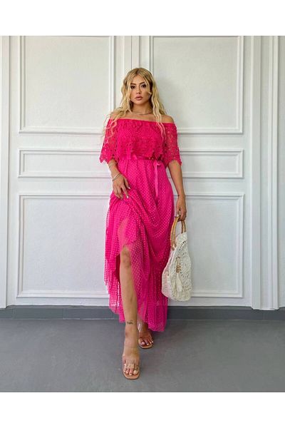1Moda1Tarz Ροζ φόρεμα σχεδιαστή με επένδυση - με εισαγόμενη λεπτομέρεια γκιπούρ και κορδέλα