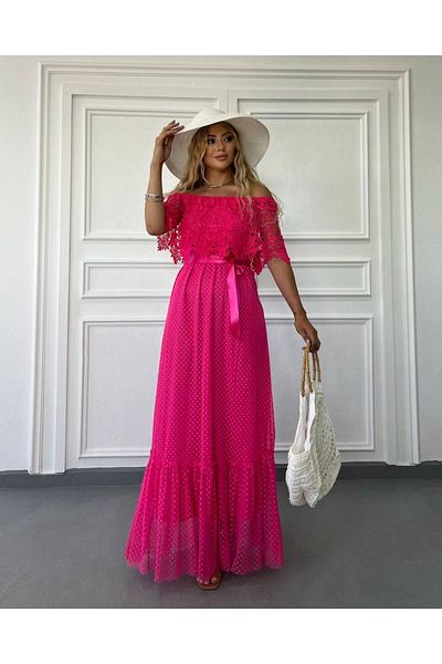 1Moda1Tarz Ροζ φόρεμα σχεδιαστή με επένδυση - με εισαγόμενη λεπτομέρεια γκιπούρ και κορδέλα