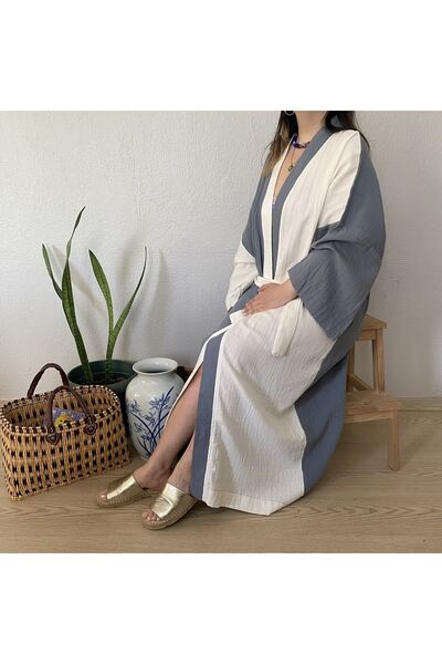 Mutlu Gün Marketi قفطان موسلين كيمونو طويل أزرق