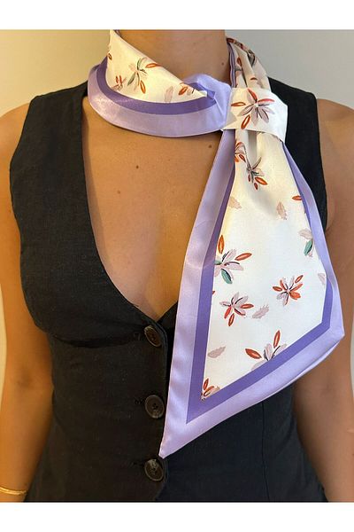 ElevaGlam White Purple Floral Patterned Tie Scarf