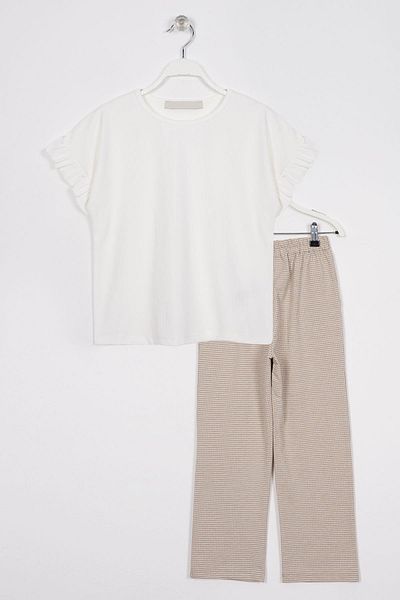zepkids Ecru Beige Girl's Trousers Set - Crew Neck, Short Sleeve, Skinhead Detail