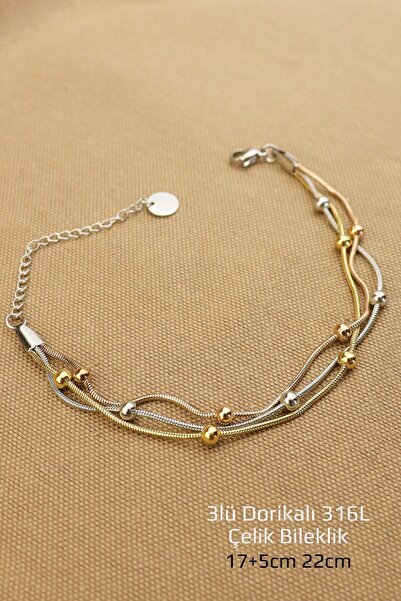 Keyifli Hayaller Çelik Bileklik- Üçlü Zincir Dorika Boncuklu Bileklik Mix  Ka...