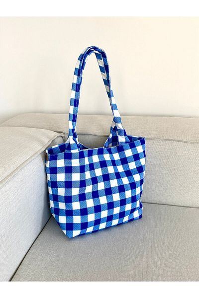 LUNAFEL Geantă din pânză cu model Gingham bleumarin - mărime medie
