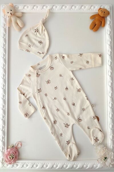 dubi baby Organik Pamuk Baskılı Kendinden Eldivenli Önden Düğmeli Patikli Şap...