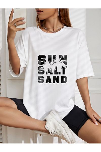 OFFSIDESIGN Verde Albastru Alb Tricou Oversize - Sun Salt Sand Palm Printed Tricou Oversize Femei