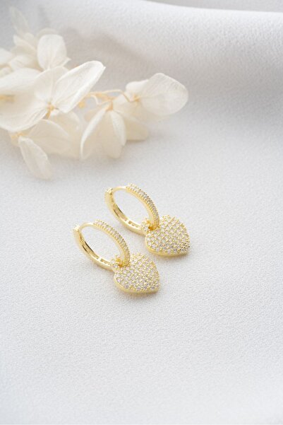 Silvano Jewelry 925 Ayar Gümüş Sallantılı Zirkon Taşlı Kalp Küpe