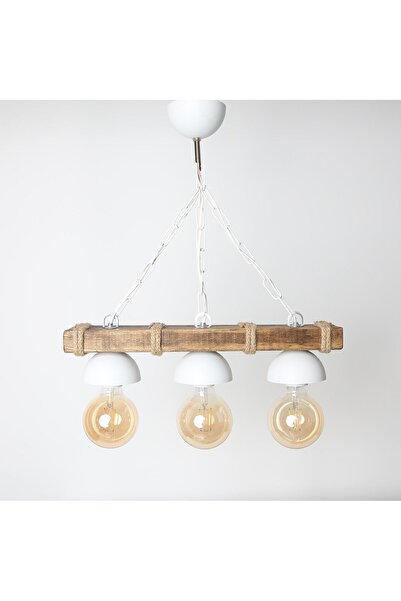 ABAJOUR Doğal Ahşap 3 lü Halatlı Rustik Tasarım Avize Beyaz
