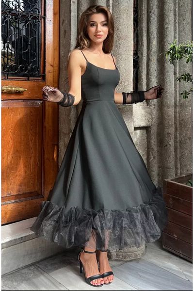 Masspera Tulle Design Midi Length Flared Evening Dress - Adjustable Strap Dress