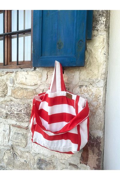 LUNAFEL Red Striped Cloth Bag with Three Handles Hand Arm and Shoulder Bag - Medium Size