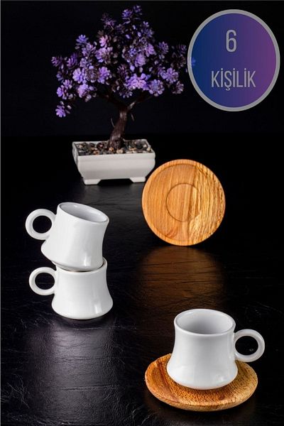 DDATELİER 6-Person Coffee Set with Wooden Plate Bamboo Cup Set Ceramic Cup