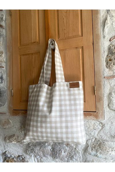 LUNAFEL Geantă de mână și geantă de umăr din pânză Gingham Beige - Dimensiune medie