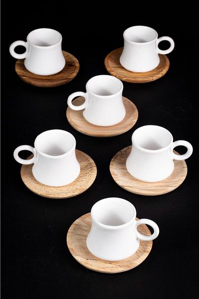 DDATELİER 6-Person Coffee Set with Wooden Plate Bamboo Cup Set Ceramic Cup