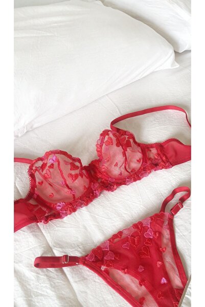 ARONA Red Tulle Underwire Bralette Set with Red Pink Heart Embroidery on Red Tulle
