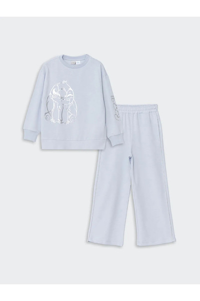 LC Waikiki LCW Kids Момичешка светлосиня блуза с принт и панталони - Bike Neck