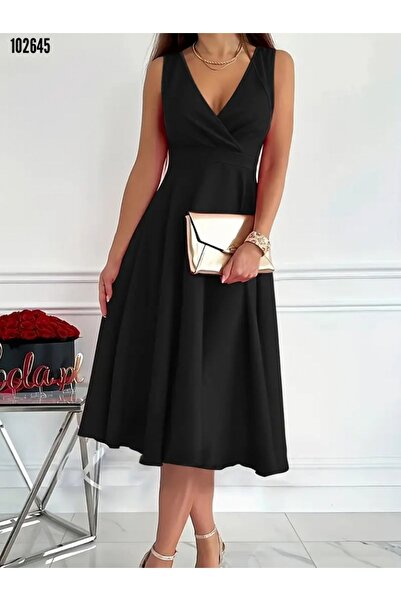 Kokosh moda Flared Cut Sleeveless Midi Dress - Double Breasted Collar and Imp...