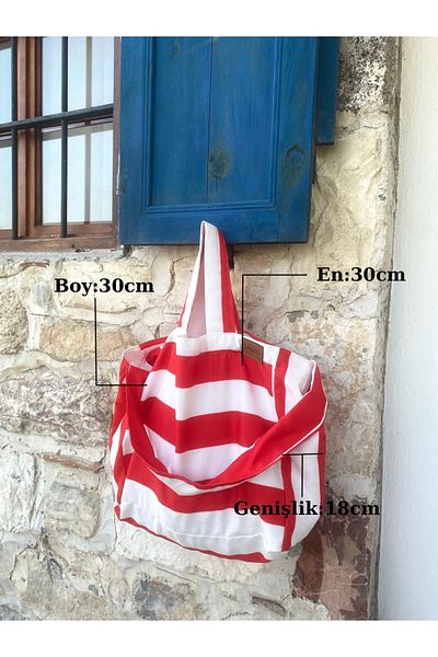 LUNAFEL Red Striped Cloth Bag with Three Handles Hand Arm and Shoulder Bag - Medium Size