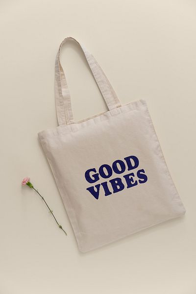 MBEY Geantă din pânză brută Good Vibes Blue - Imprimată